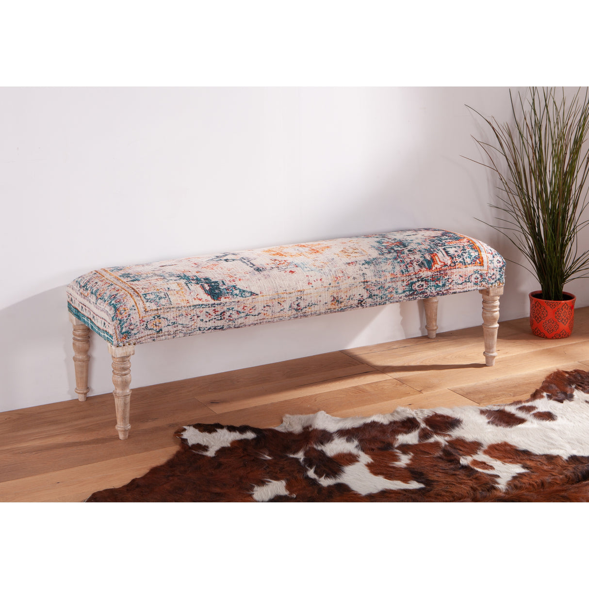 Algiers 60-Inch Turquoise Print Upholstered Bench
