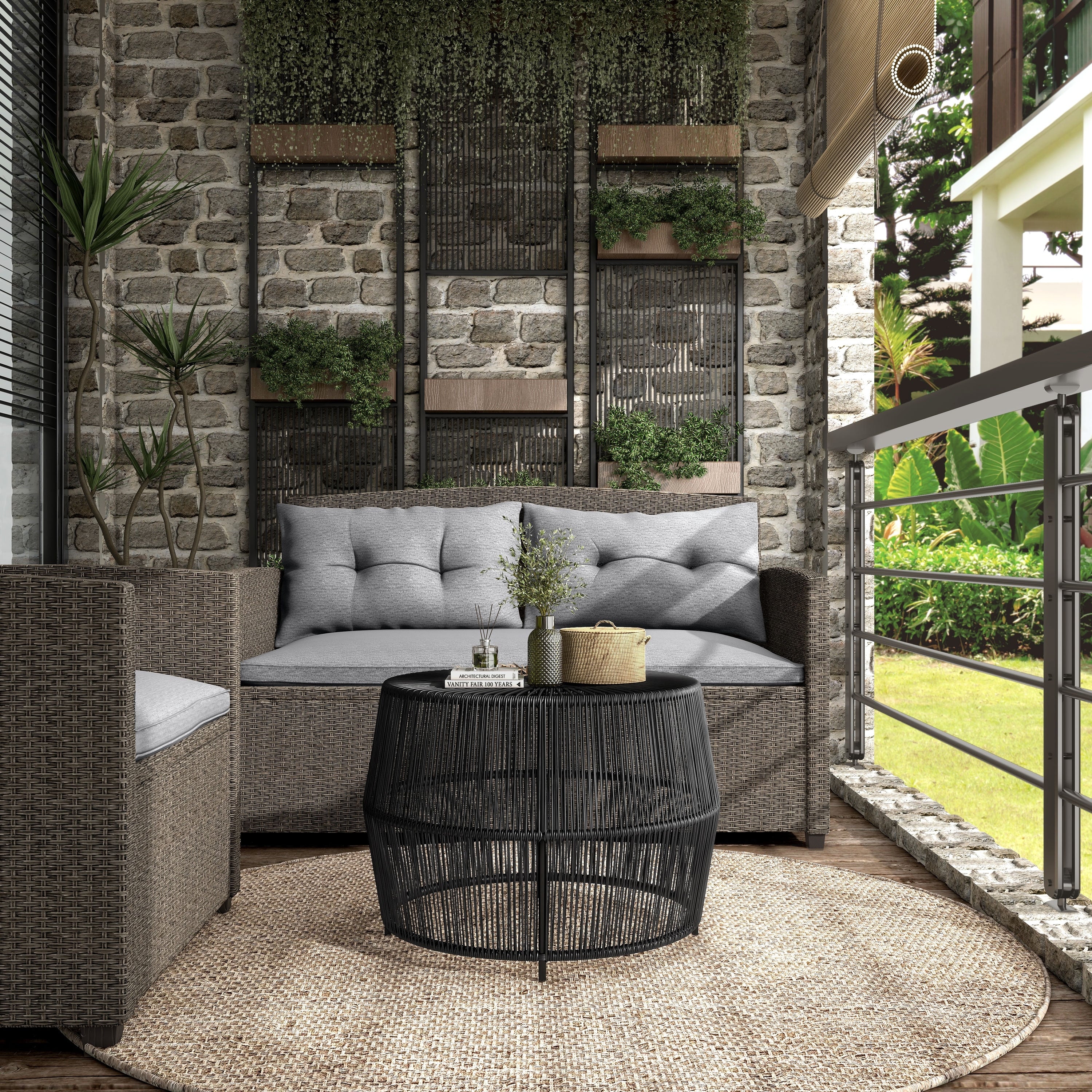 Alia Coastal Natural 22 Inch Boho Outdoor Patio Rattan Outdoor Round Coffee Table by M L Co. Black