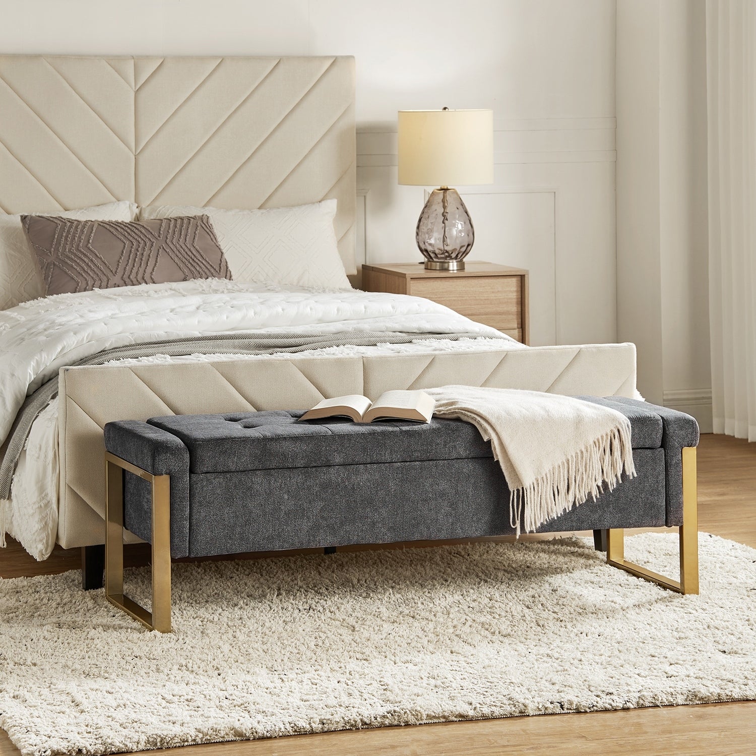Alina Modern Upholstered Flip Top Storage Bench with Metal Legs by HUL Overstock