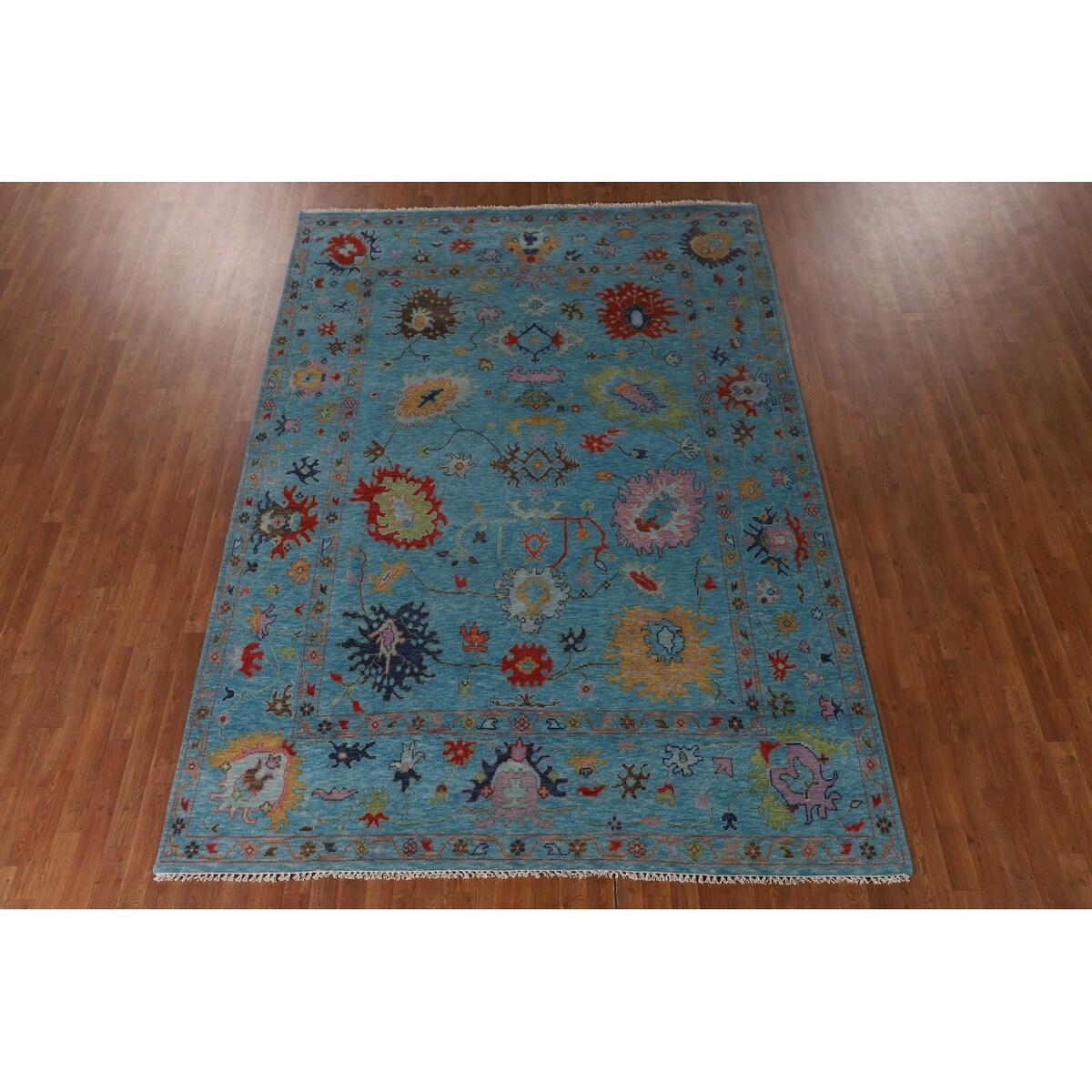 All-Over Blue Oushak Area Rug Handmade Wool Carpet - 7'7" x 10'5"