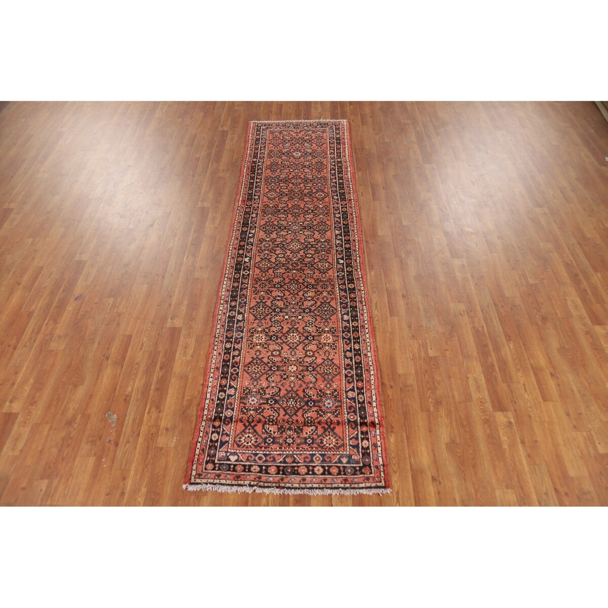 All-Over Geometric Hamedan Persian Runner Rug Handmade Wool Carpet - 2'8" x 9'9"