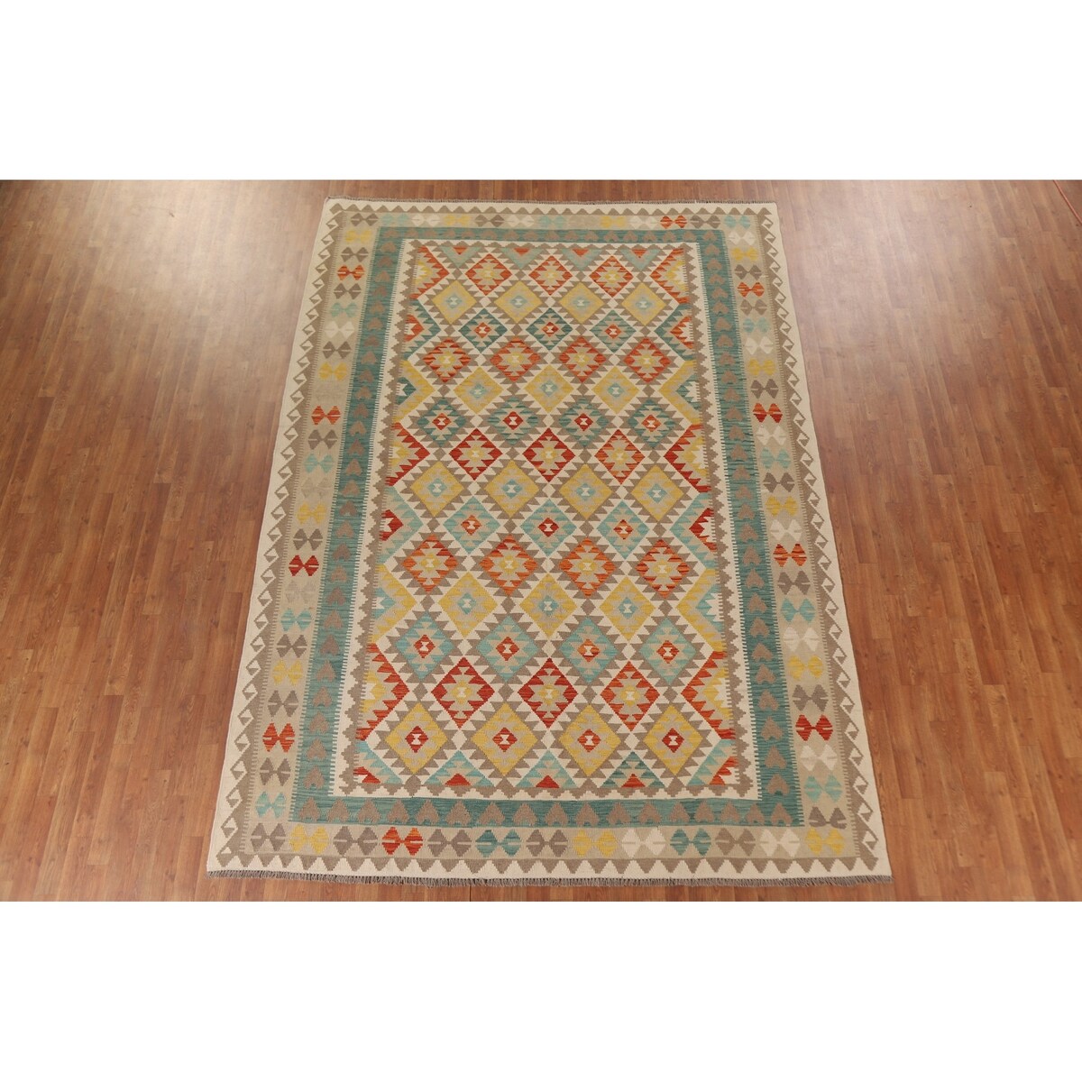 All-Over Geometric Kilim Oriental Area Rug Hand-woven Wool Carpet - 8'2" x 11'5"