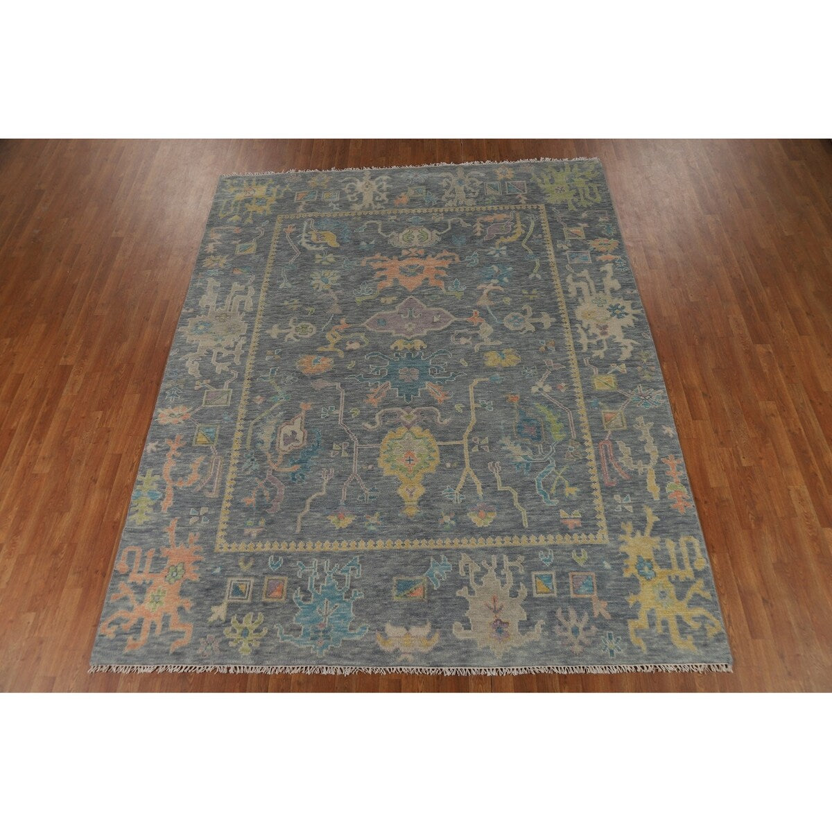 All-Over Gray Oushak Oriental Area Rug Hand-Knotted Wool Carpet - 8'1" x 10'0"