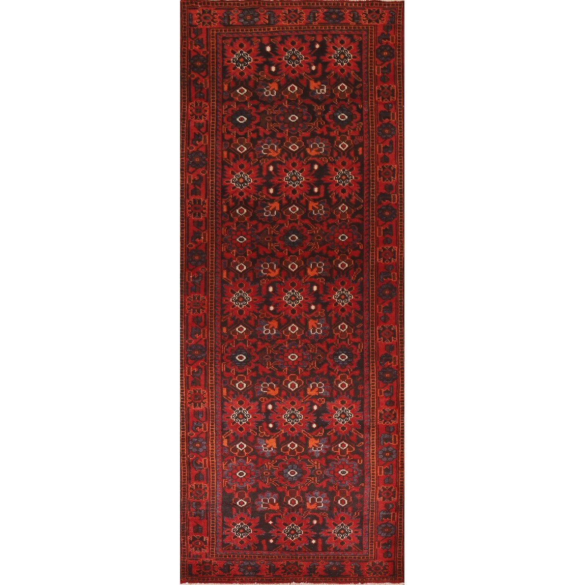 All-Over Hamedan Persian Vintage Runner Rug Hand-knotted Wool Carpet - 3'4"x 10'4"