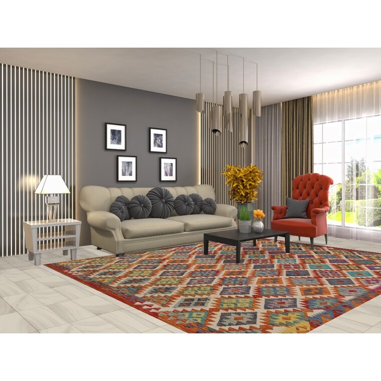 All-Over Kilim Area Rug Hand-Woven Wool Carpet - 8'0" x 9'10"