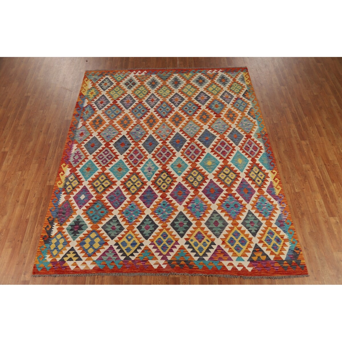 All-Over Kilim Area Rug Hand-Woven Wool Carpet - 8'0" x 9'10"