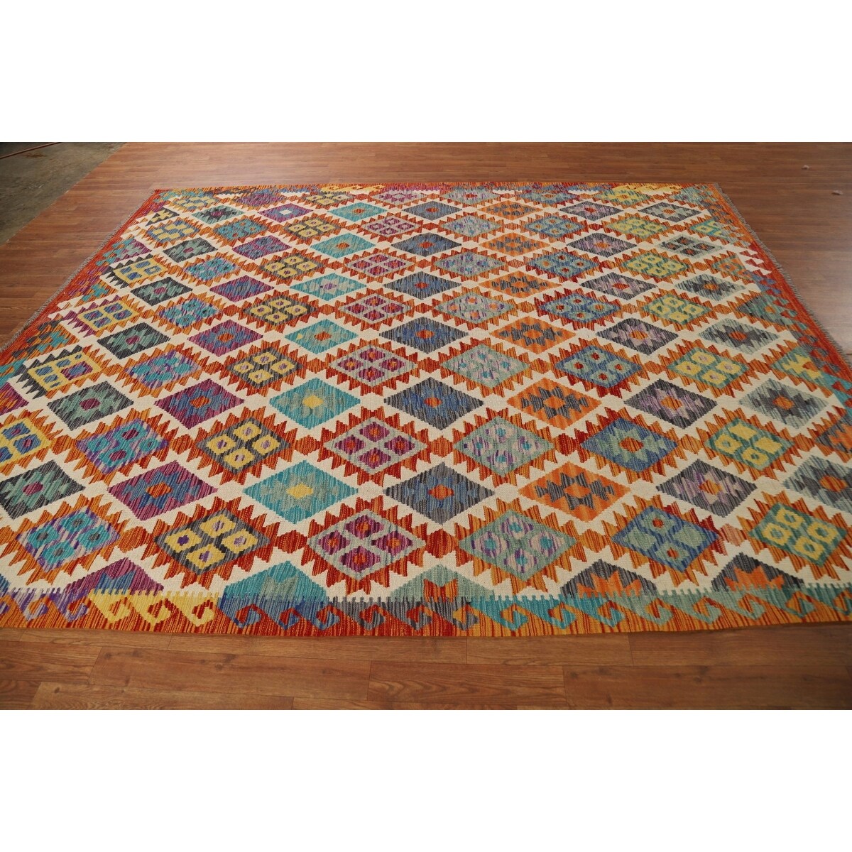 All-Over Kilim Area Rug Hand-Woven Wool Carpet - 8'0" x 9'10"