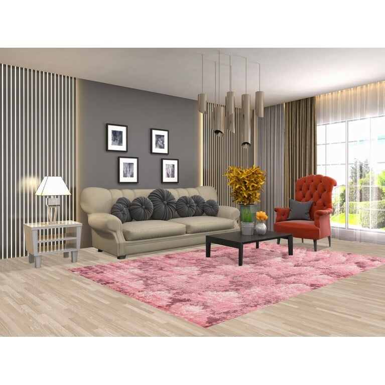 All-Over Pink Abstract Modern Area Rug Handmade Wool Carpet - 5'11" x 8'11"