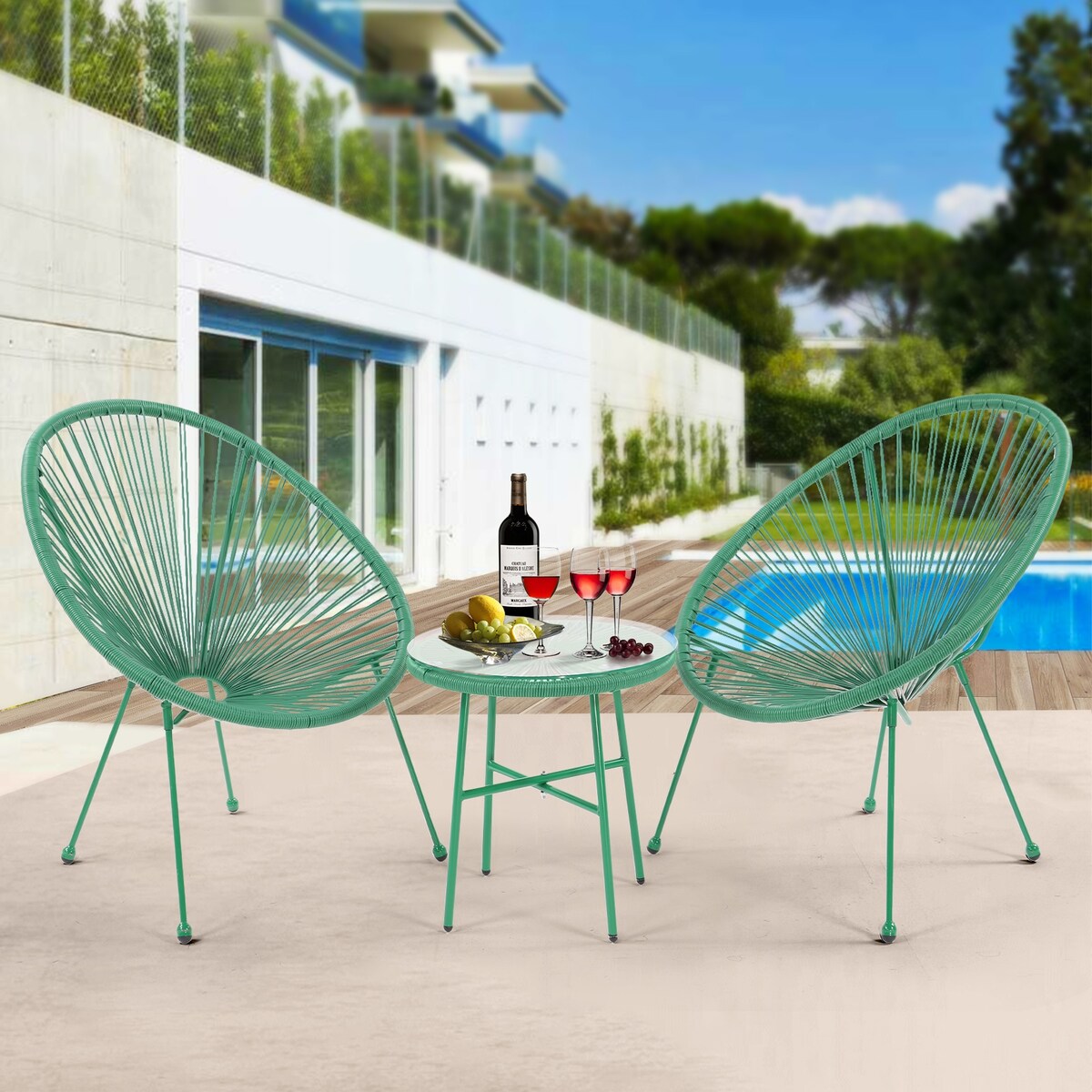 All-Weather Chair & Table Set, Oval Papasan Chairs and Glass Top Table