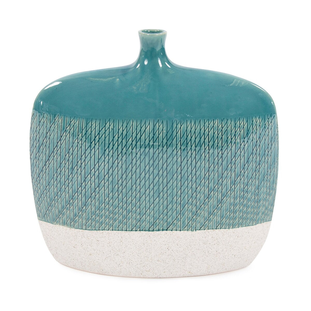 Allan Andrews Sea Blue Cross Hatched Flat Ceramic Vase - 12H x 12W x 4D