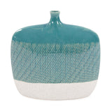 Allan Andrews Sea Blue Cross Hatched Flat Ceramic Vase - 12H x 12W x 4D