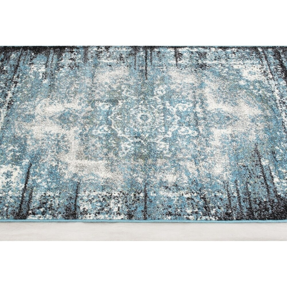 Allstar Rugs Blue and Ivory Medallion Distressed Classic Rectangular Area Rug with Black Design - 4' 11"x6' 11"