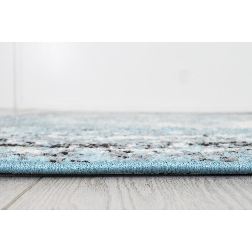 Allstar Rugs Blue and Ivory Medallion Distressed Classic Rectangular Area Rug with Black Design - 4' 11"x6' 11"
