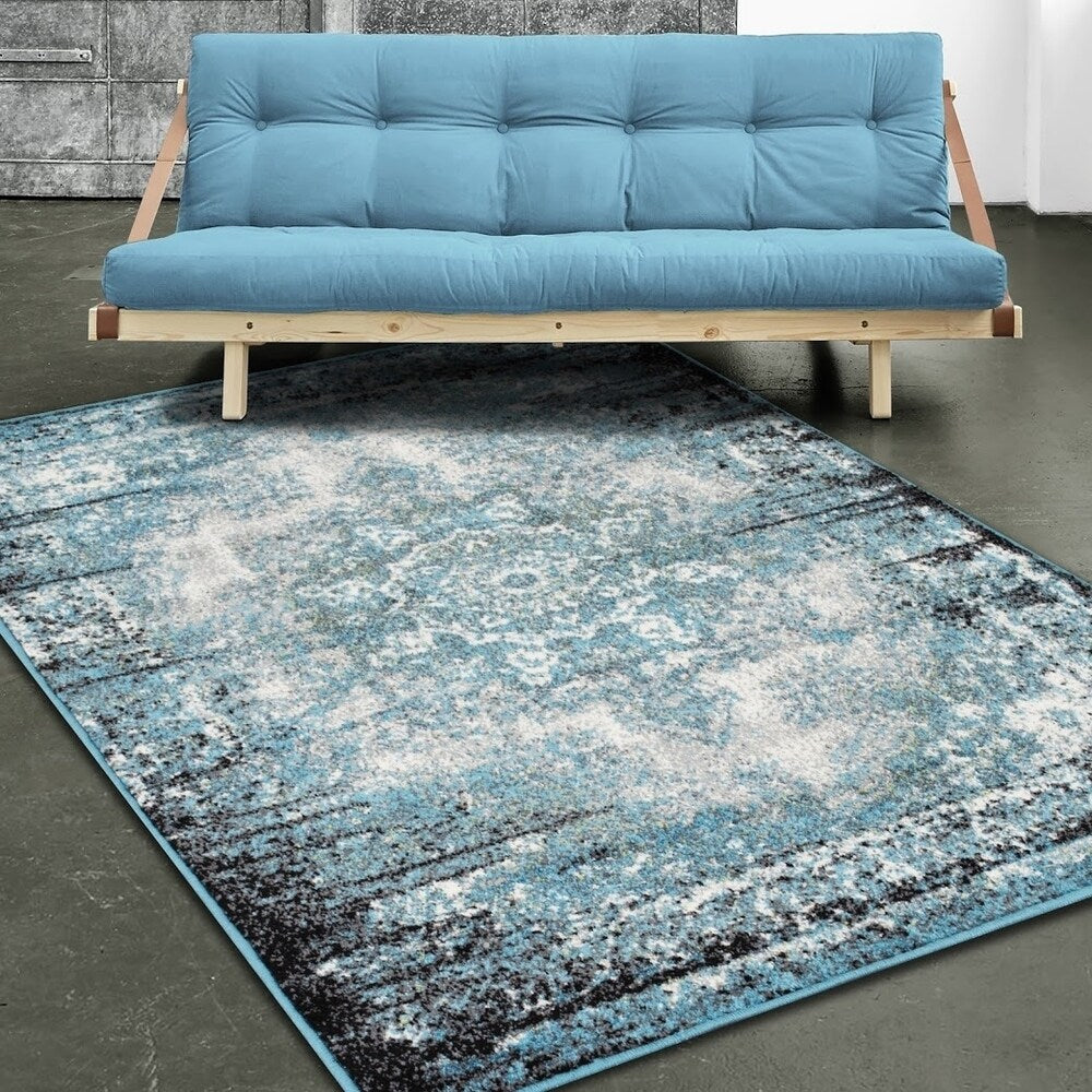 Allstar Rugs Blue and Ivory Medallion Distressed Classic Rectangular Area Rug with Black Design - 4' 11"x6' 11"