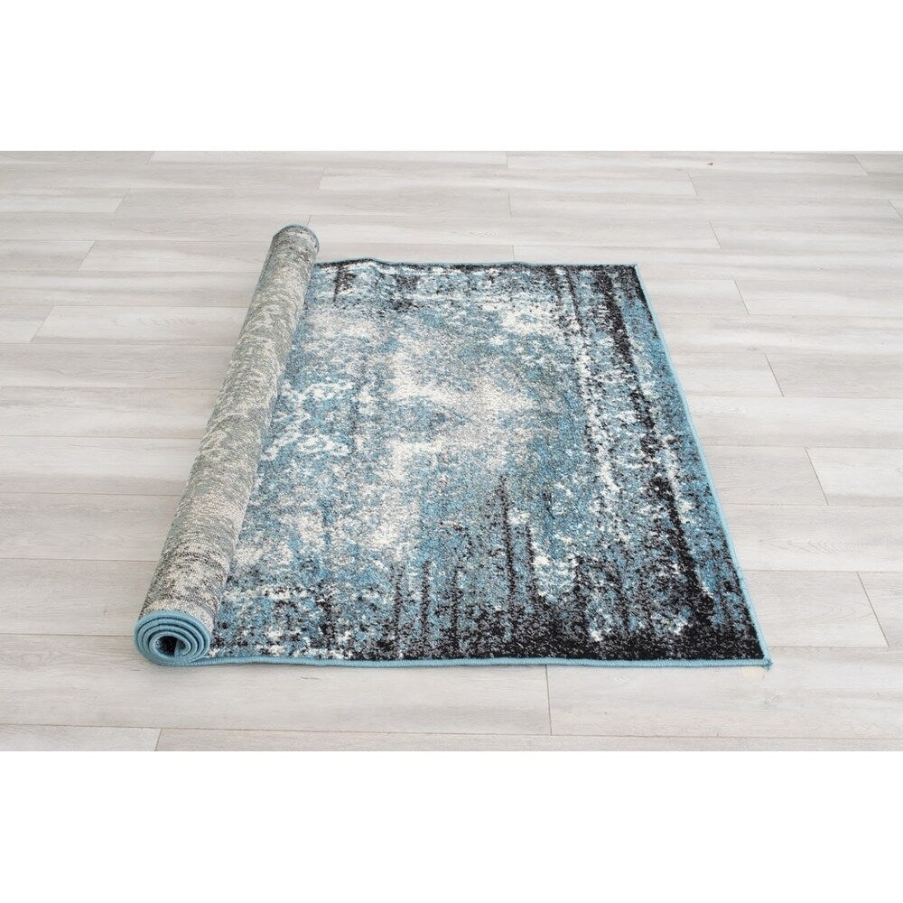 Allstar Rugs Blue and Ivory Medallion Distressed Classic Rectangular Area Rug with Black Design - 4' 11"x6' 11"