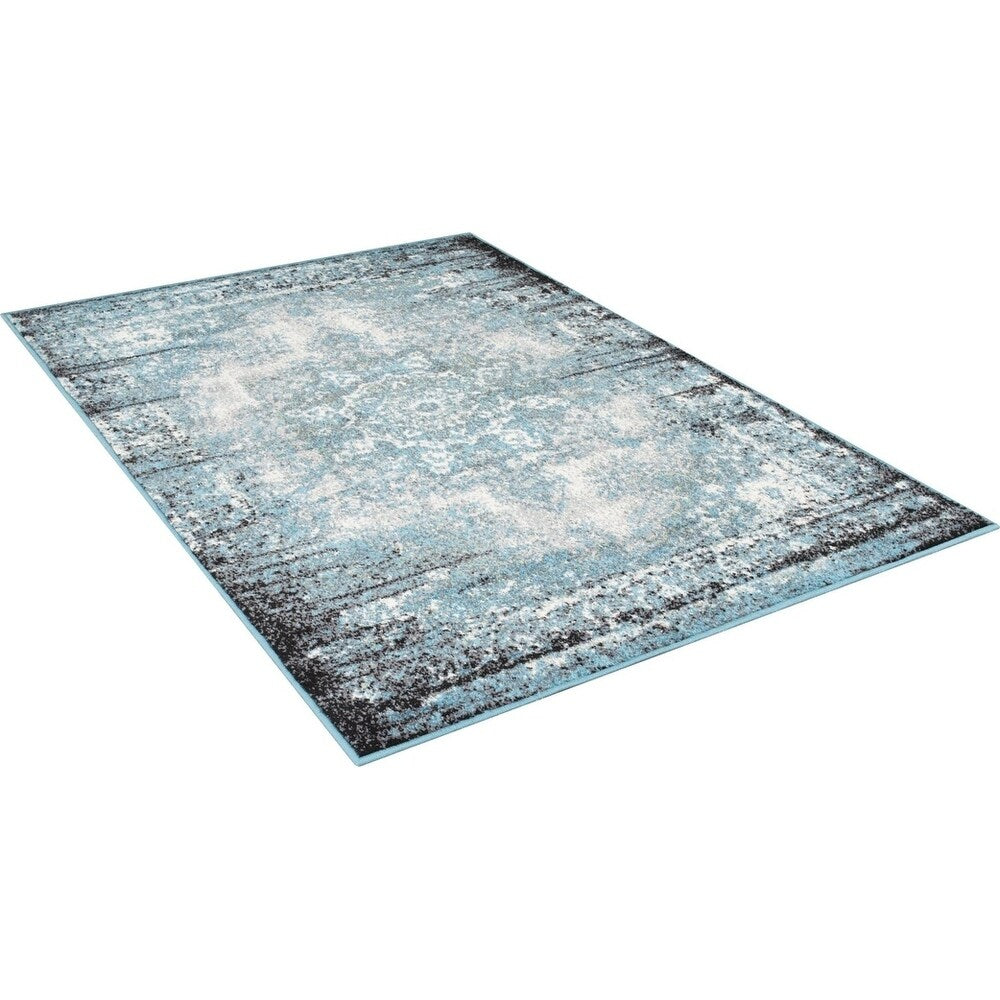 Allstar Rugs Blue and Ivory Medallion Distressed Classic Rectangular Area Rug with Black Design - 4' 11"x6' 11"