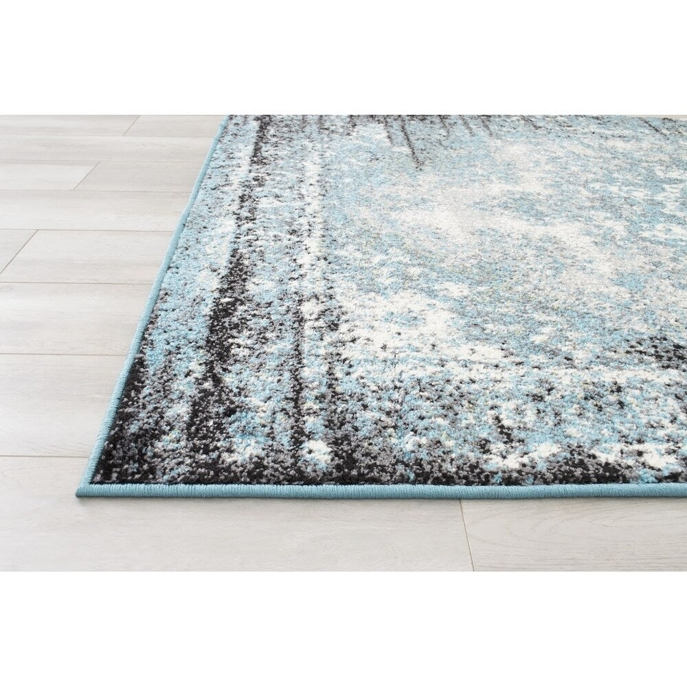 Allstar Rugs Blue and Ivory Medallion Distressed Classic Rectangular Area Rug with Black Design - 4' 11"x6' 11"