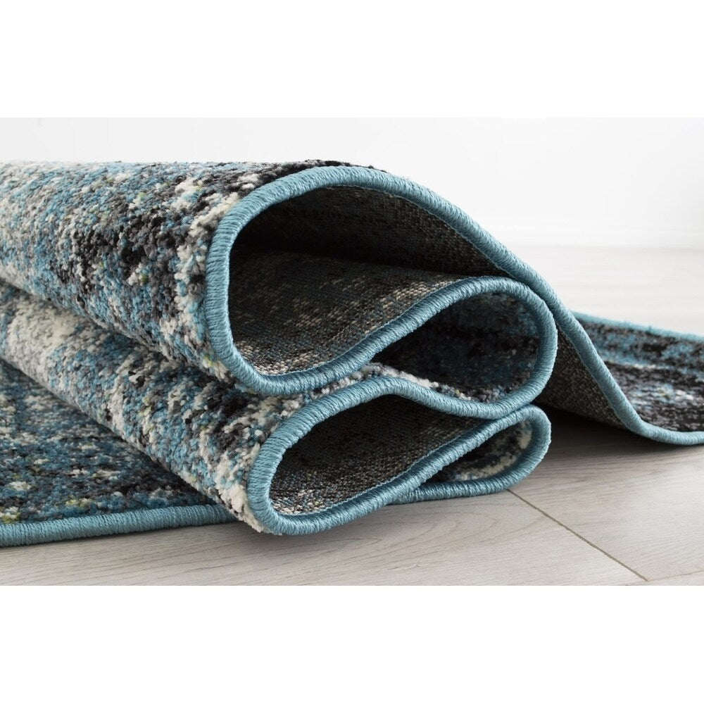 Allstar Rugs Blue and Ivory Medallion Distressed Classic Rectangular Area Rug with Black Design - 4' 11"x6' 11"