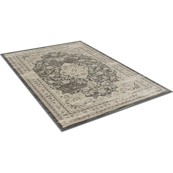Allstar Rugs Distressed Grey and Cream Rectangular Accent Area Rug with Ivory Persian Design - 7' 6"x9' 8"