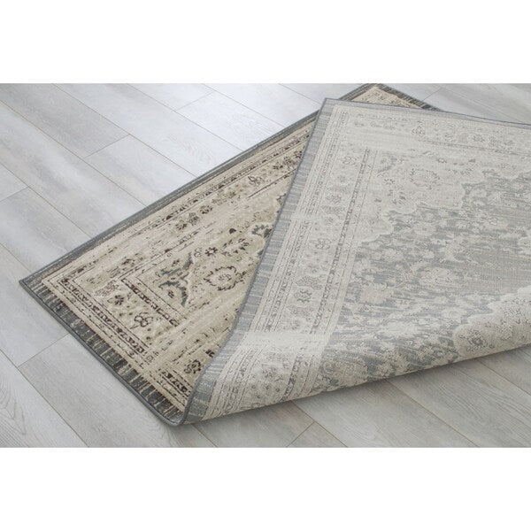 Allstar Rugs Distressed Grey and Cream Rectangular Accent Area Rug with Ivory Persian Design - 7' 6"x9' 8"