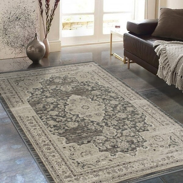 Allstar Rugs Distressed Grey and Cream Rectangular Accent Area Rug with Ivory Persian Design - 7' 6"x9' 8"