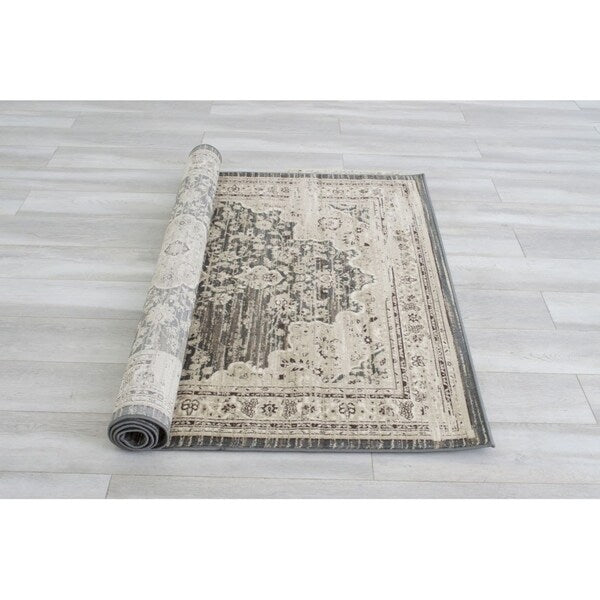 Allstar Rugs Distressed Grey and Cream Rectangular Accent Area Rug with Ivory Persian Design - 7' 6"x9' 8"