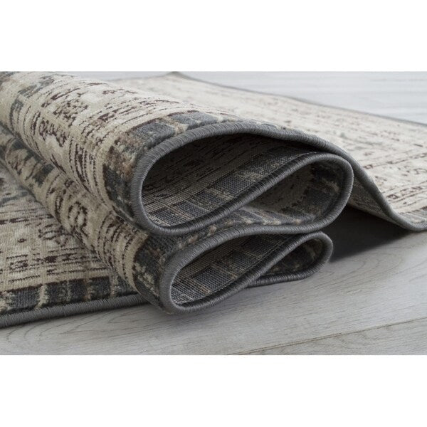Allstar Rugs Distressed Grey and Cream Rectangular Accent Area Rug with Ivory Persian Design - 7' 6"x9' 8"