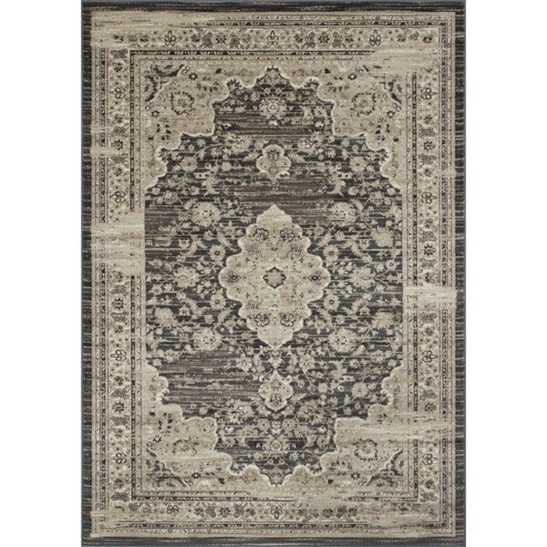 Allstar Rugs Distressed Grey and Cream Rectangular Accent Area Rug with Ivory Persian Design - 7' 6"x9' 8"