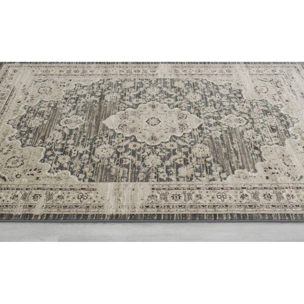 Allstar Rugs Distressed Grey and Cream Rectangular Accent Area Rug with Ivory Persian Design - 7' 6"x9' 8"
