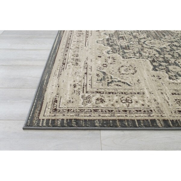 Allstar Rugs Distressed Grey and Cream Rectangular Accent Area Rug with Ivory Persian Design - 7' 6"x9' 8"