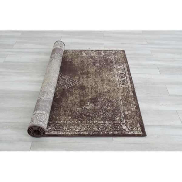 Allstar Rugs Distressed Chocolate and Mocha Rectangular Accent Area Rug with Ivory Persian Design - 4' 11"x7' 0"