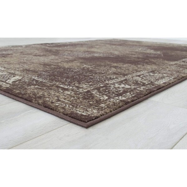 Allstar Rugs Distressed Chocolate and Mocha Rectangular Accent Area Rug with Ivory Persian Design - 4' 11"x7' 0"