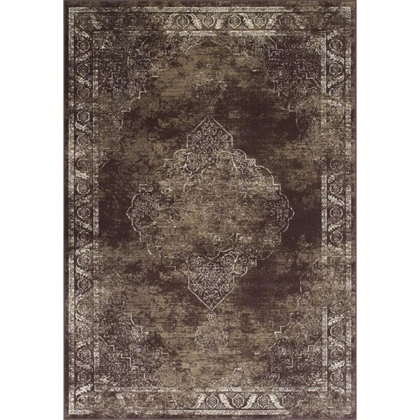 Allstar Rugs Distressed Chocolate and Mocha Rectangular Accent Area Rug with Ivory Persian Design - 4' 11"x7' 0"