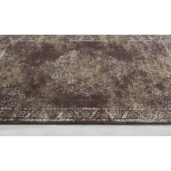 Allstar Rugs Distressed Chocolate and Mocha Rectangular Accent Area Rug with Ivory Persian Design - 4' 11"x7' 0"