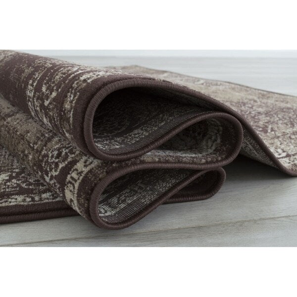 Allstar Rugs Distressed Chocolate and Mocha Rectangular Accent Area Rug with Ivory Persian Design - 4' 11"x7' 0"