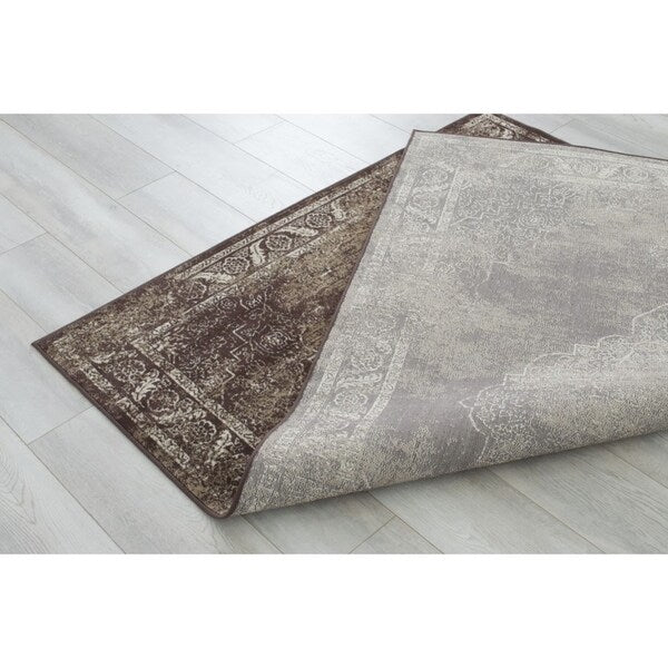 Allstar Rugs Distressed Chocolate and Mocha Rectangular Accent Area Rug with Ivory Persian Design - 4' 11"x7' 0"