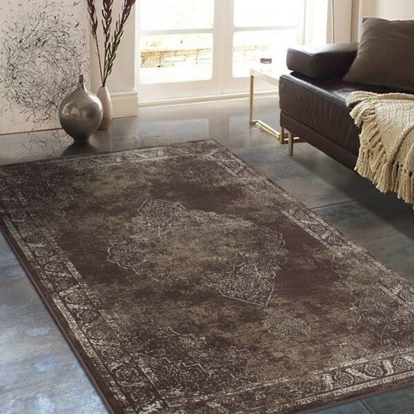 Allstar Rugs Distressed Chocolate and Mocha Rectangular Accent Area Rug with Ivory Persian Design - 4' 11"x7' 0"