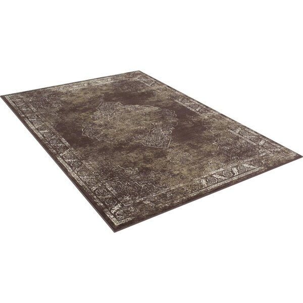 Allstar Rugs Distressed Chocolate and Mocha Rectangular Accent Area Rug with Ivory Persian Design - 4' 11"x7' 0"