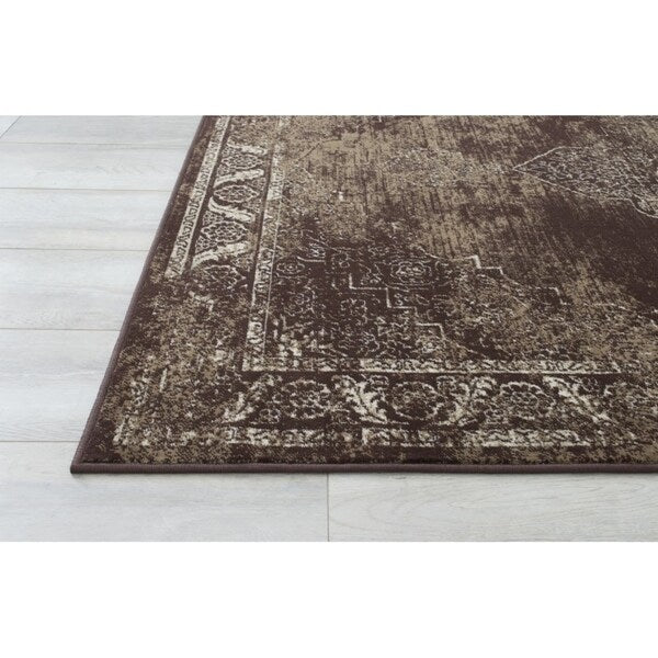 Allstar Rugs Distressed Chocolate and Mocha Rectangular Accent Area Rug with Ivory Persian Design - 4' 11"x7' 0"