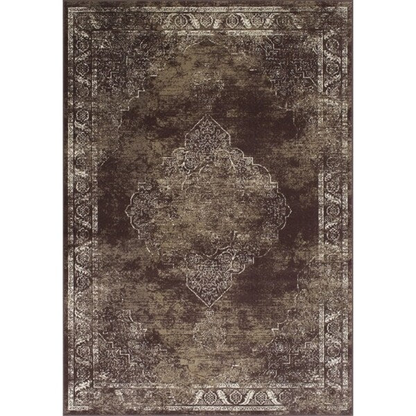 Allstar Rugs Distressed Chocolate and Mocha Rectangular Accent Area Rug with Ivory Persian Design - 4' 11"x7' 0"