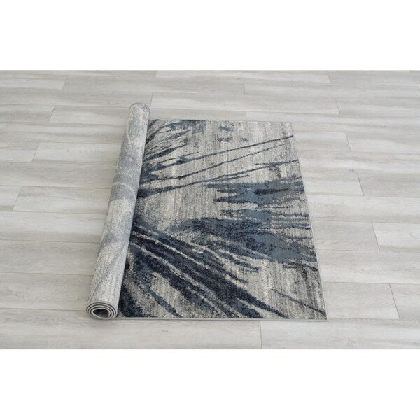 Allstar Rugs Distressed Grey and Ivory Rectangular Accent Area Rug with Steel Blue Abstract Design - 4' 11"x7' 0"