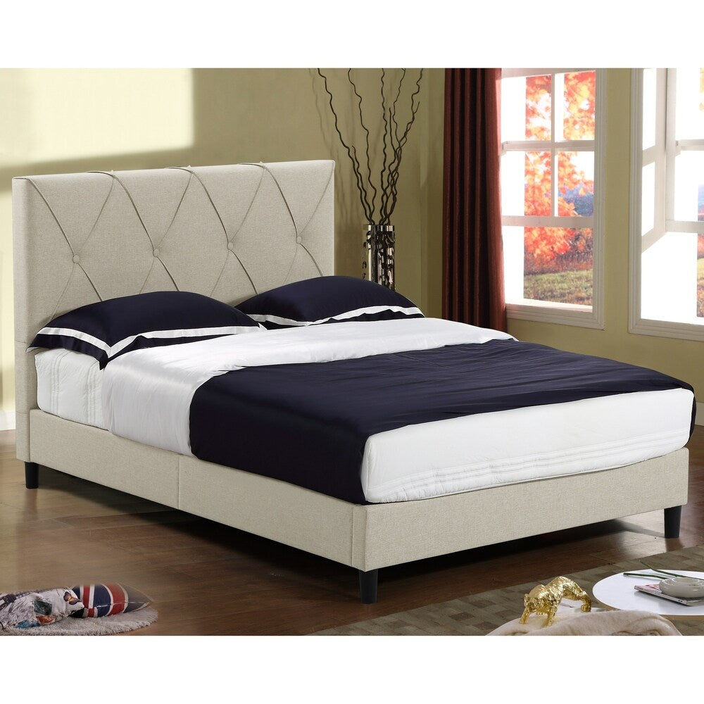 Ally Beige Upholstered Platform Bed with Decorative Stitching and Buttons Queen Size