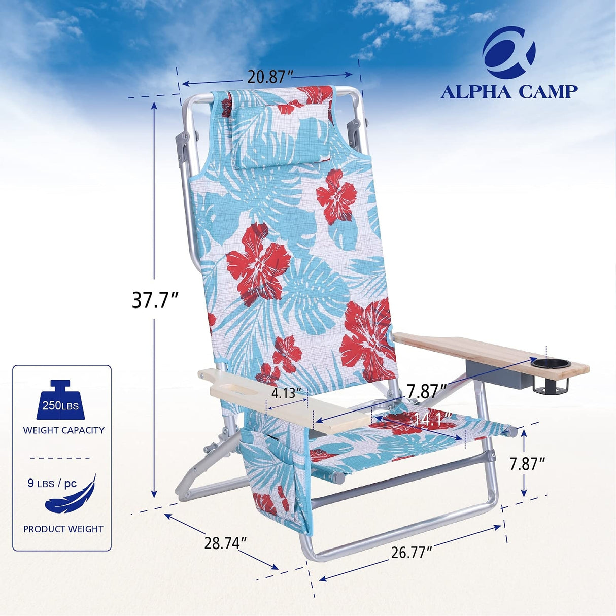 2-Piece Lightweight 5-Position Folding Lay Flat Beach Chairs with Tower Bar