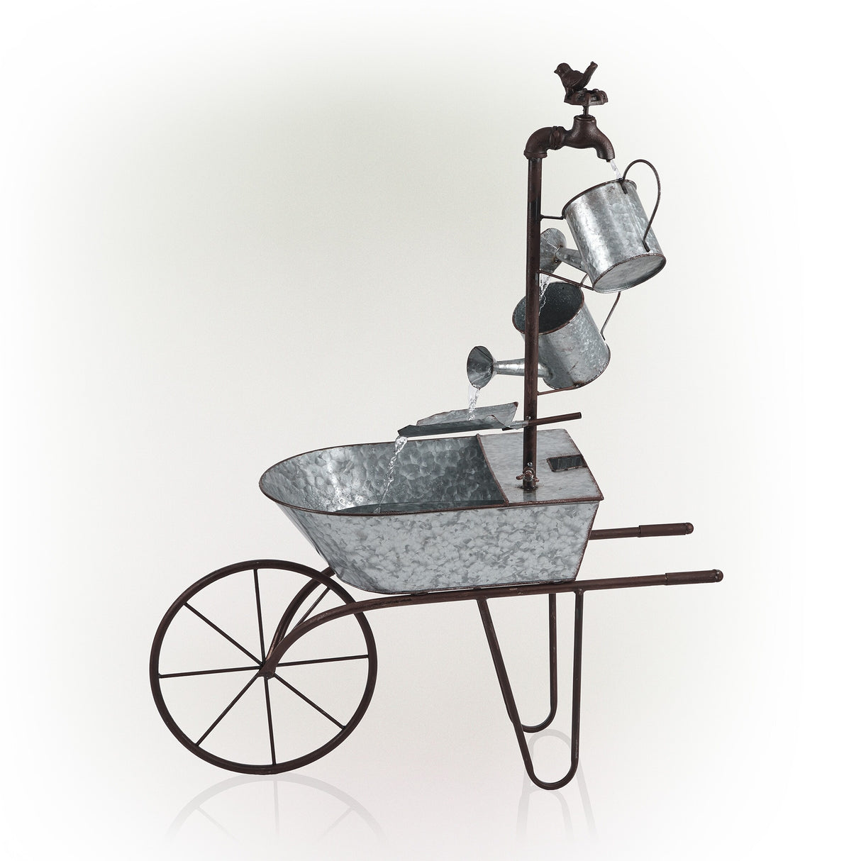 Alpine Corporation 36" Tall Rustic Wheelbarrow and Watering Can Fountain Yard Decoration
