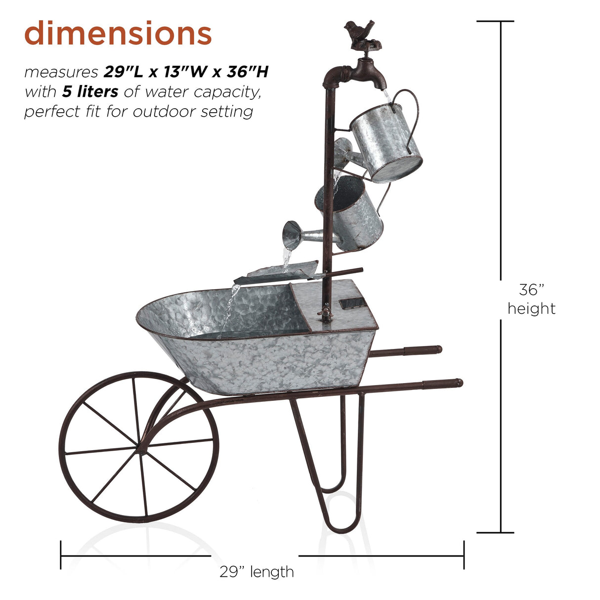 Alpine Corporation 36" Tall Rustic Wheelbarrow and Watering Can Fountain Yard Decoration