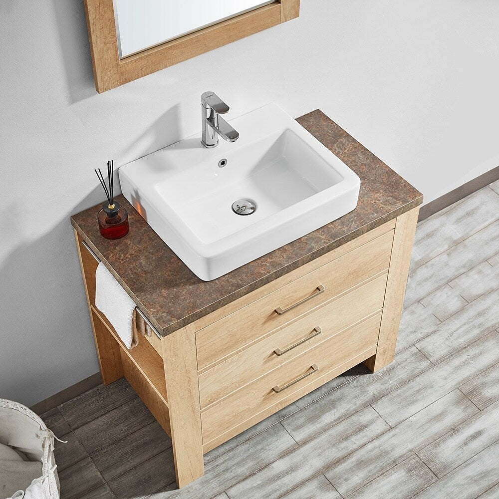 Alpine 36" Single Vanity in Glacier Canyon Oak with White Drop-In Porcelain Vessel Sink with Mirror