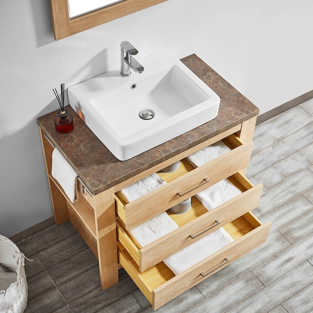 Alpine 36" Single Vanity in Glacier Canyon Oak with White Drop-In Porcelain Vessel Sink with Mirror