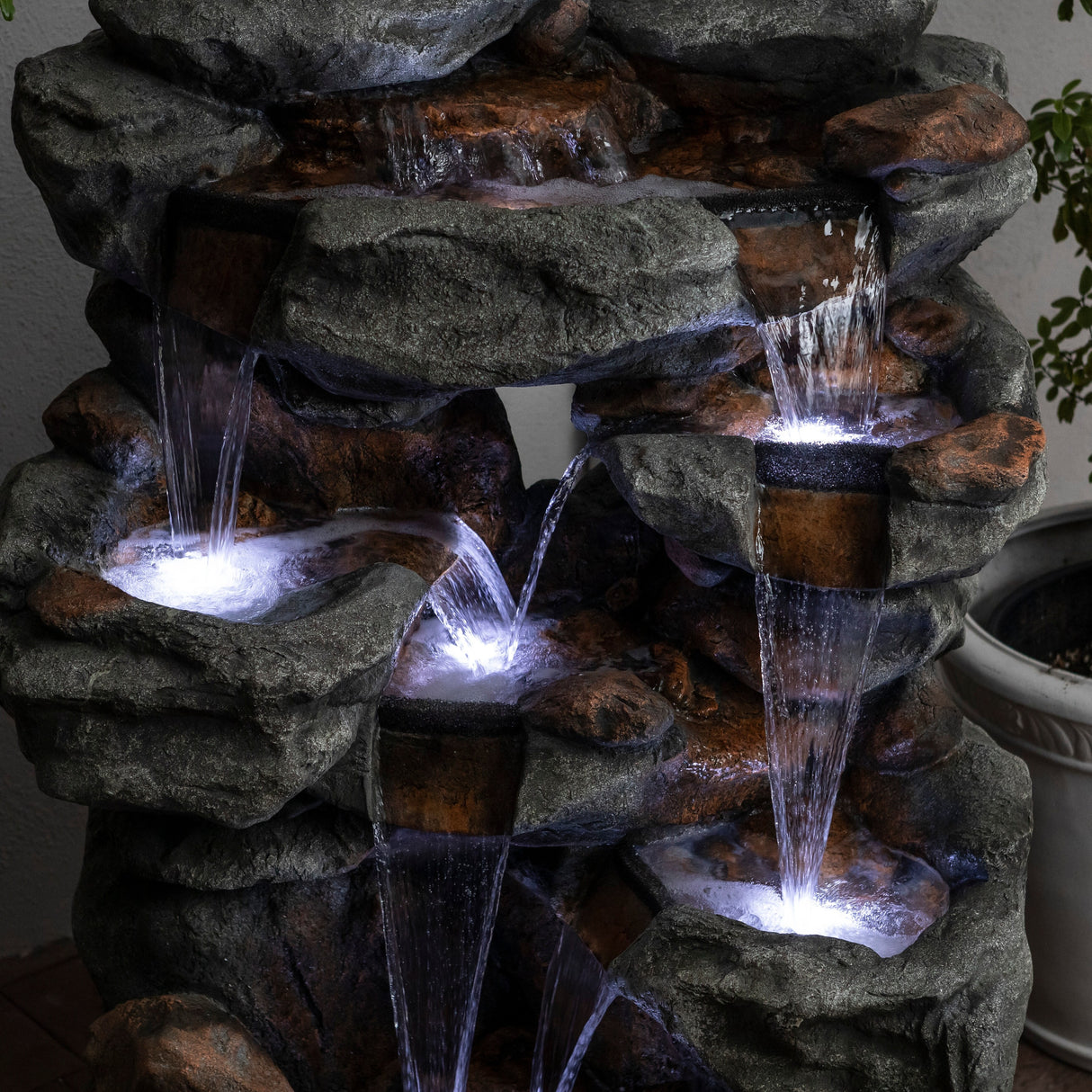 Alpine Corporation WIN1068 Outdoor Floor Rock Water Fountain with LED Lights, 5-Tier Rock Waterfall Fountain 54", Dark Brown