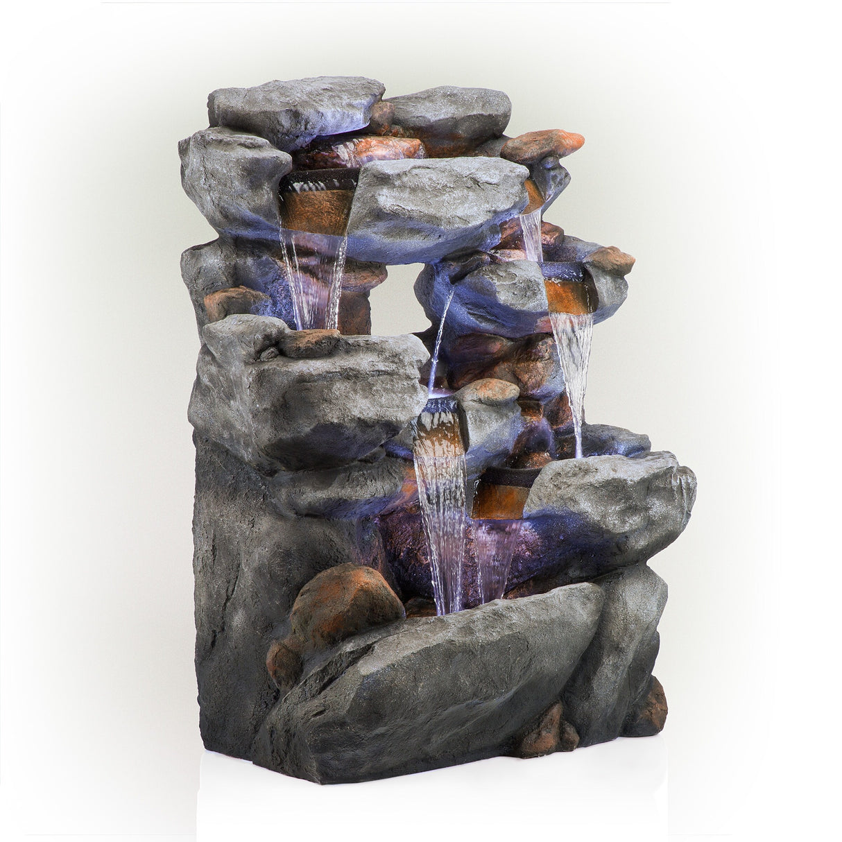 Alpine Corporation WIN1068 Outdoor Floor Rock Water Fountain with LED Lights, 5-Tier Rock Waterfall Fountain 54", Dark Brown