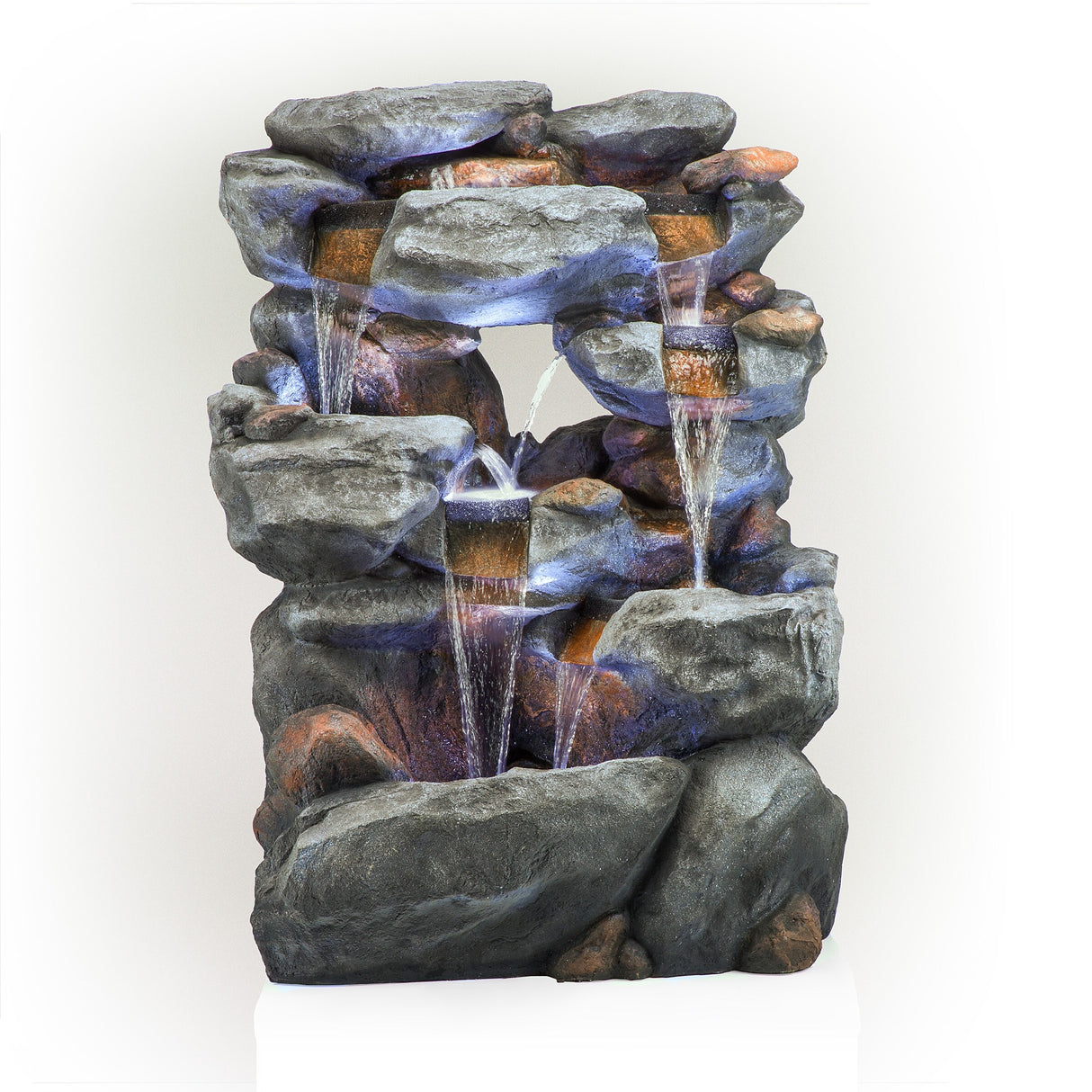 Alpine Corporation WIN1068 Outdoor Floor Rock Water Fountain with LED Lights, 5-Tier Rock Waterfall Fountain 54", Dark Brown